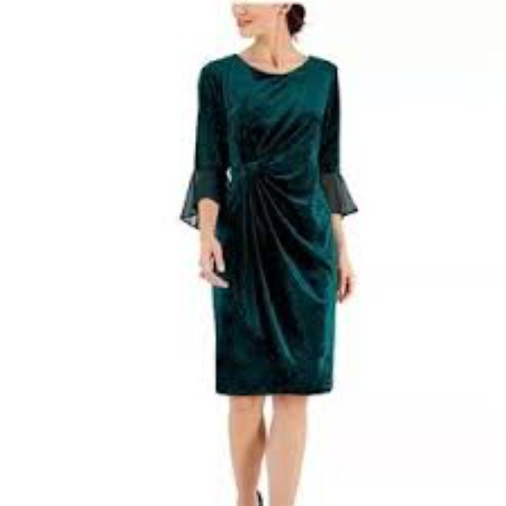 Holiday Velvet Green Dress Side Gathered Bell Sleeves Stretchy Size 8 Christmas
